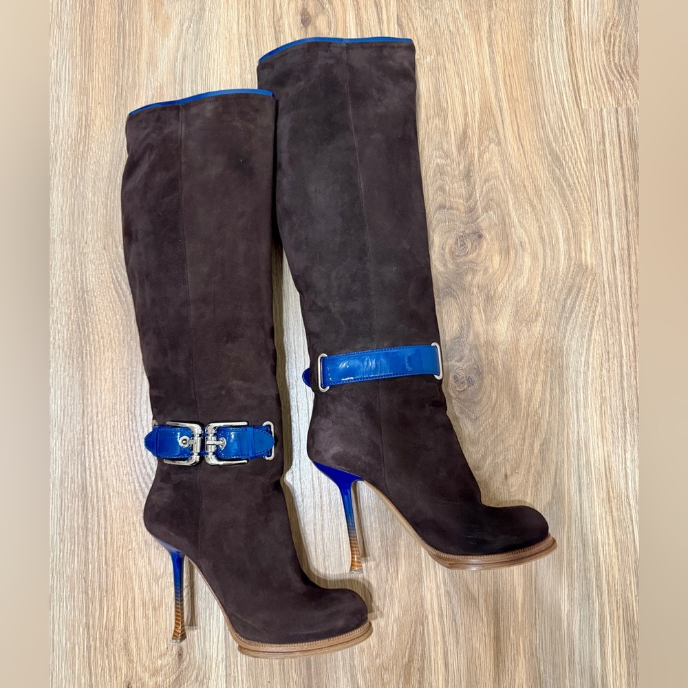 Gianmarco Lorenzi Brown Suede Knee High Boots Blue Patent Heel Size 39 - Picture 3 of 10